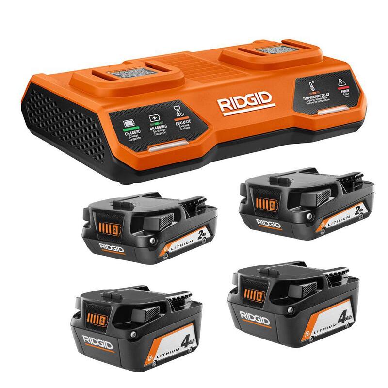 Cargador simultáneo de doble puerto RIDGID 18V con (2) baterías de 2.0 Ah, (2) baterías de 4.0 Ah - AC86095KSBN