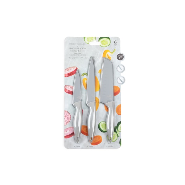 Core Kitchen 6pc Perfect Precision Colored Knife w/ Sheath Set - 3in Paring/ 5in Utility/ 5in Santoku - Pewter - 32847