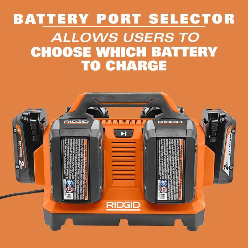 Cargador secuencial de 6 puertos RIDGID de 18V con batería de iones de litio de 4.0 Ah (paquete de 2) - AC86096-AC87004P