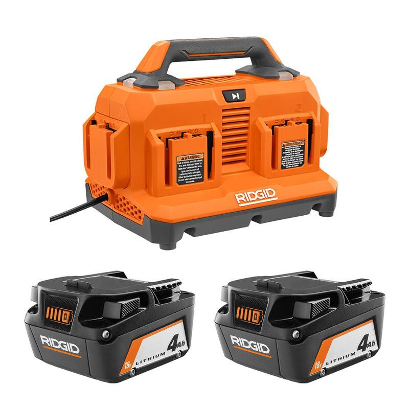 Cargador secuencial de 6 puertos RIDGID de 18V con batería de iones de litio de 4.0 Ah (paquete de 2) - AC86096-AC87004P