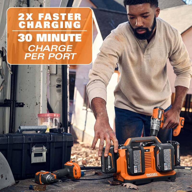 Cargador secuencial de 6 puertos RIDGID de 18V con batería de iones de litio de 4.0 Ah (paquete de 2) - AC86096-AC87004P