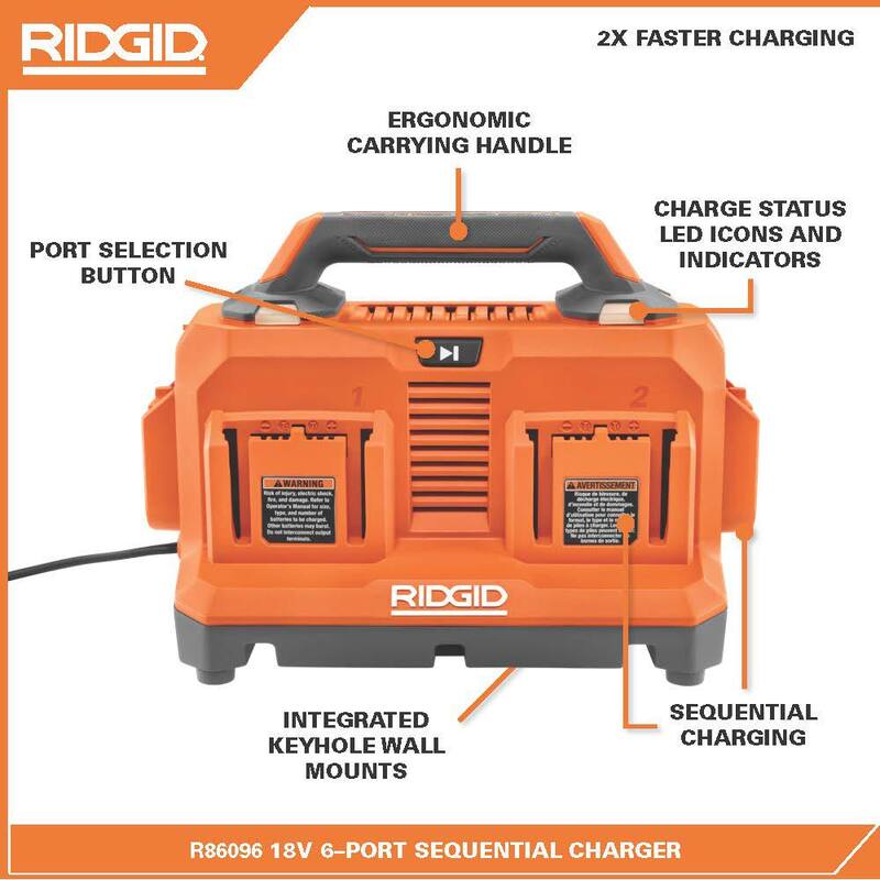 Cargador secuencial de 6 puertos RIDGID de 18V con batería de iones de litio de 4.0 Ah (paquete de 2) - AC86096-AC87004P