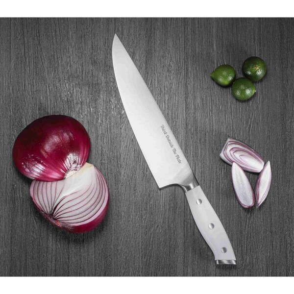 Think Outside The Plate 8'' Chef Knife with Wood Box, Stainless Steel Blade, White - TOTP-CK-2W