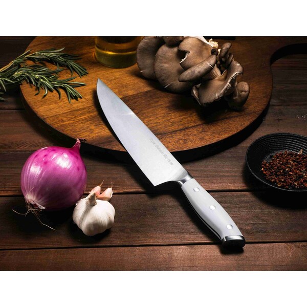 Think Outside The Plate 8'' Chef Knife with Wood Box, Stainless Steel Blade, White - TOTP-CK-2W