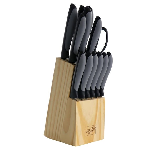 Gibson Home Dorain Stainless Steel Cutlery Set, Black with Wood Block - 14 Piece - 127769.14