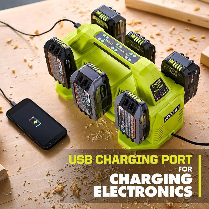 Cargador rápido de 6 puertos de 18V ONE+ de RYOBI con batería de alto rendimiento de 6.0 Ah (paquete de 2) - PCG006-PBP2007