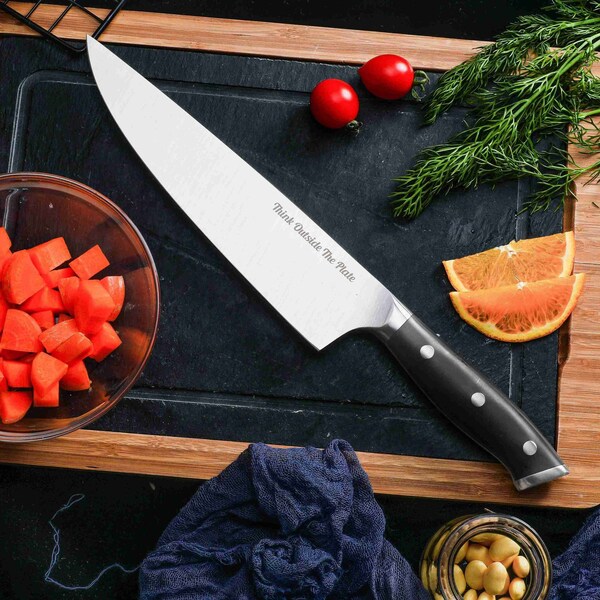 Think Outside The Plate 8'' Chef Knife with Wood Box, Stainless Steel Blade, Black - TOTP-CK-1B
