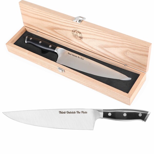 Think Outside The Plate 8'' Chef Knife with Wood Box, Stainless Steel Blade, Black - TOTP-CK-1B