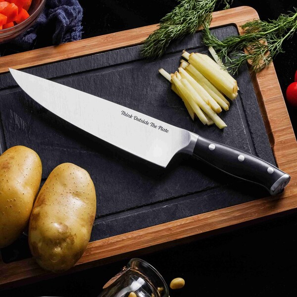 Think Outside The Plate 8'' Chef Knife with Wood Box, Stainless Steel Blade, Black - TOTP-CK-1B
