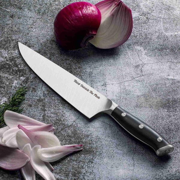 Think Outside The Plate 8'' Chef Knife with Wood Box, Stainless Steel Blade, Black - TOTP-CK-1B