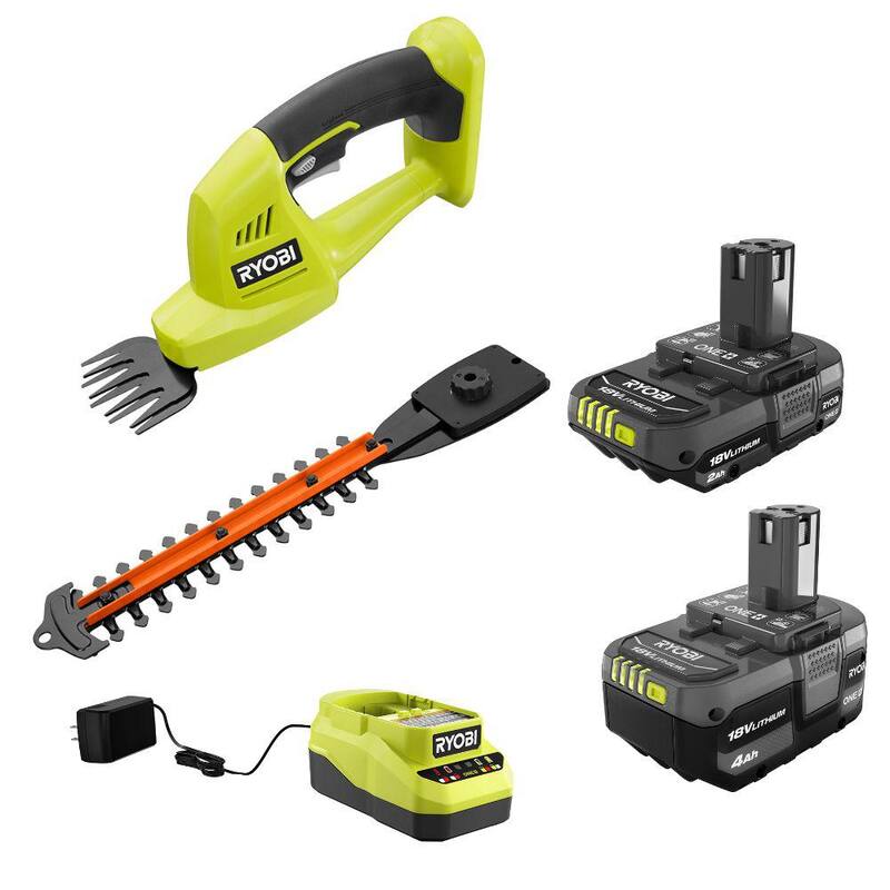 Batería de iones de litio RYOBI ONE+ 18V de 4.0 Ah, batería de 2.0 Ah y kit de cargador con recortadora de césped/arbustos inalámbrica ONE+ - P2908BTL-PSK106SB.