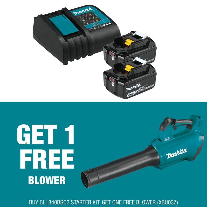 Paquete de inicio de batería y cargador de iones de litio LXT de 18V de Makita (4.0Ah) con bono de soplador inalámbrico sin escobillas de iones de litio LXT de 18V - BL1840BSC2XBU03