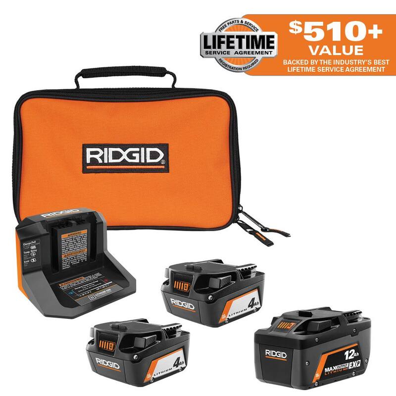 Batería de litio RIDGID 18V 12.0 Ah MAX Output EXP con Kit de 18V (2) 4.0 Ah Baterías y Cargador - AC93044SBN-AC840120