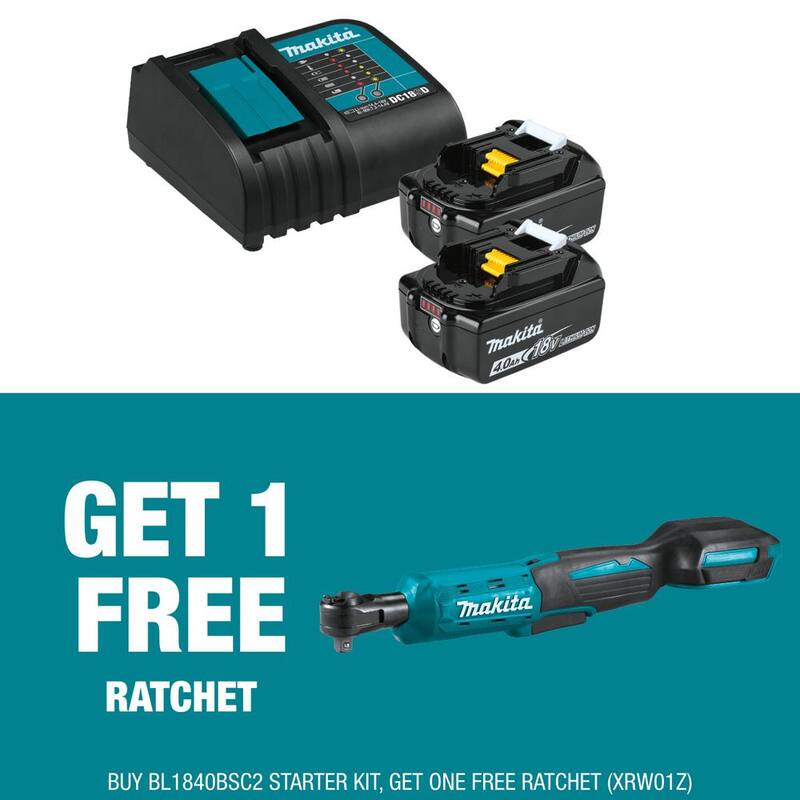 Paquete de inicio de batería y cargador de iones de litio Makita 18V LXT (4.0Ah) con bono de trinquete cuadrado de 3/8/1/4 pulgadas 18V LXT - BL1840BSC2XRW01