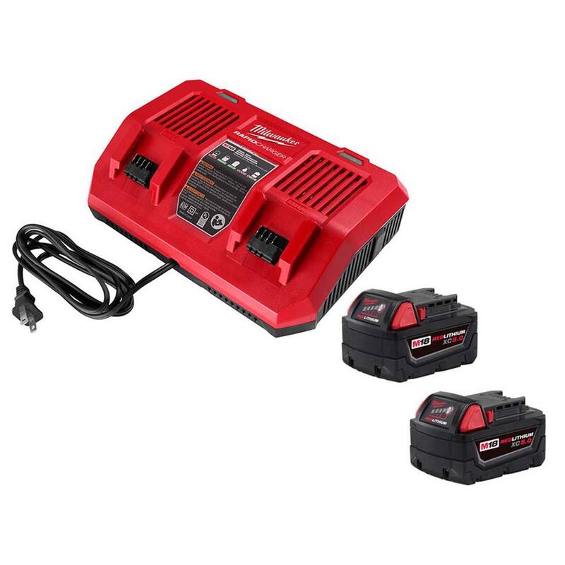 Cargador de batería rápida de doble bahía Milwaukee M18 de 18 voltios con baterías de 5.0Ah (2) - 48-59-1802-48-11-1852