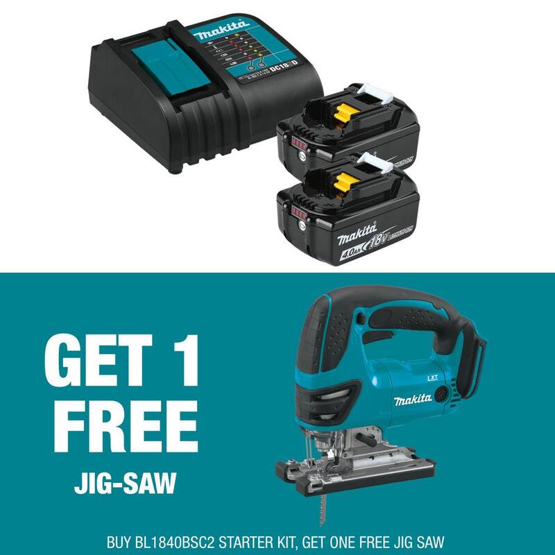 Paquete inicial de batería y cargador de iones de litio de 18V LXT de Makita (4.0Ah) con sierra caladora inalámbrica de iones de litio de 18V LXT de regalo - BL1840BSC2XVJ03