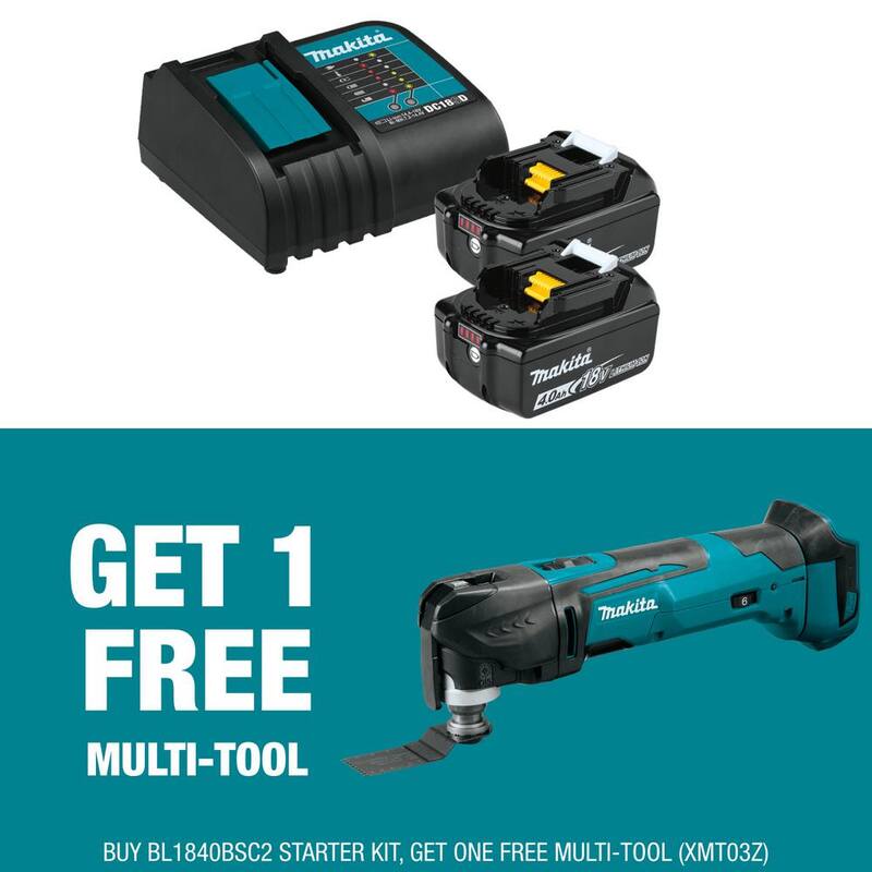 Paquete de inicio de batería y cargador de iones de litio LXT de 18V de Makita (4.0Ah) con herramienta múltiple oscilante de iones de litio LXT de 18V como bono - BL1840BSC2XMT03