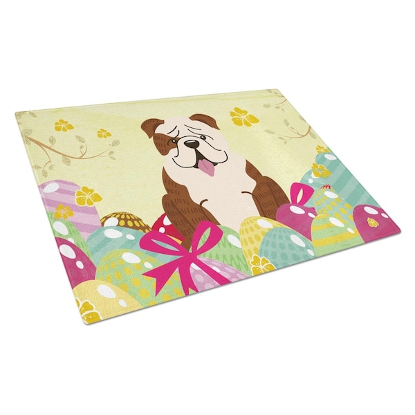 Carolines Treasures Easter Eggs English Bulldog Brindle White Glass Cutting Board Large - BB6121LCB