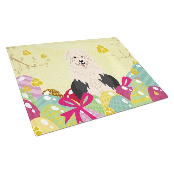 Carolines Treasures Easter Eggs Old English Sheepdog Glass Cutting Board Large - BB6096LCB