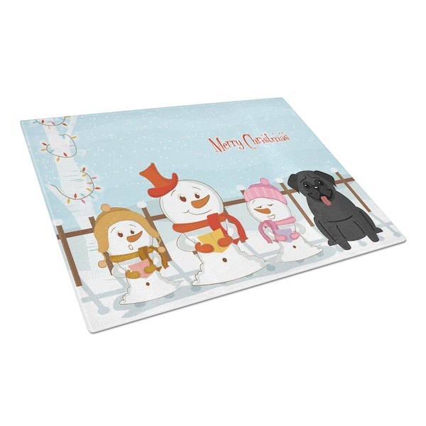 Carolines Treasures Merry Christmas Carolers Pug Black Glass Cutting Board, Large - BB2337LCB