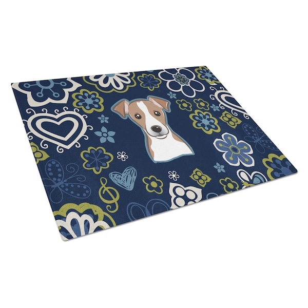 Carolines Treasures Blue Flowers Jack Russell Terrier Glass Cutting Board Large - BB5111LCB