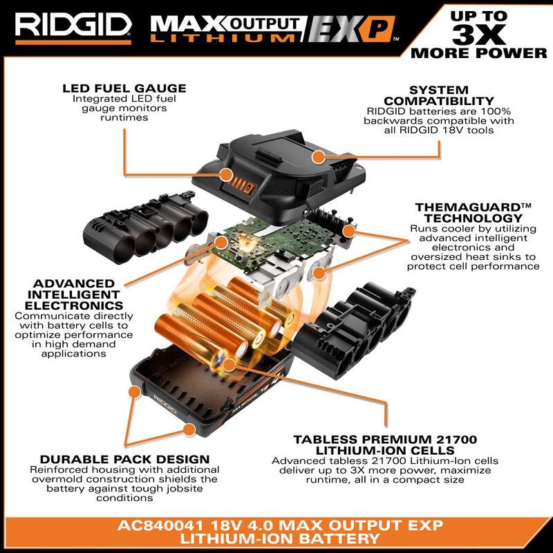 Batería de iones de litio RIDGID de salida máxima EXP de 18V 4.0 Ah - AC840041