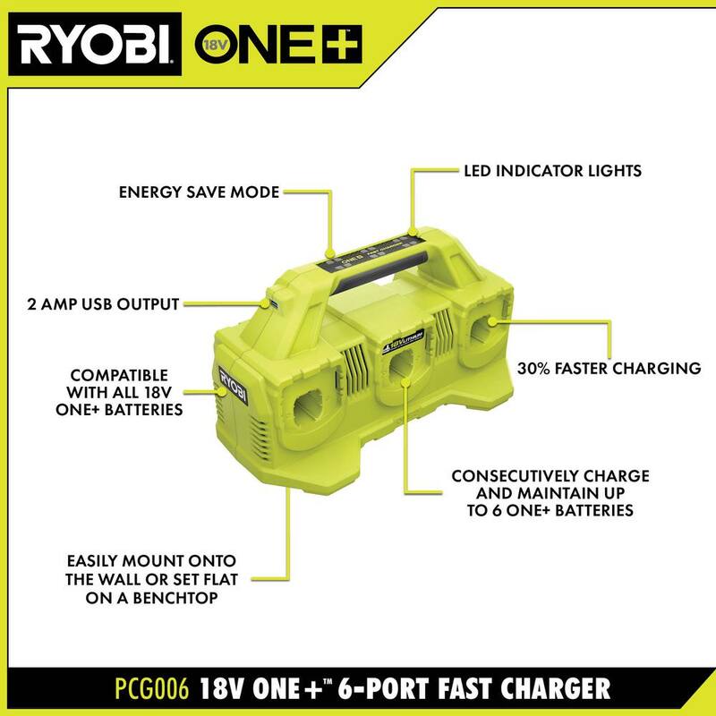RYOBI ONE+ 18V (3) Baterías de 4.0 Ah y Kit de Inicio de Cargador de 6 Puertos - PSK063