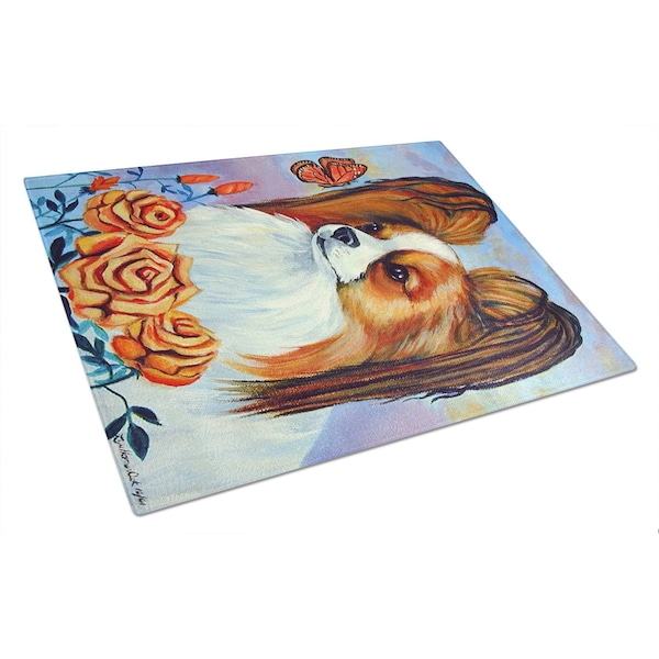 Carolines Treasures Papillon in the roses Glass Cutting Board - Large- 15 x 12 in. - 7039LCB