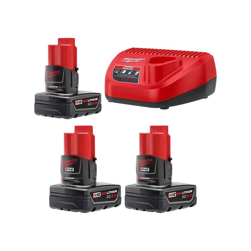 Kit de inicio de batería Milwaukee M12 de 12 voltios con ion de litio XC que incluye (1) batería de 4.0 Ah, (2) baterías de 3.0 Ah y cargador - 48-59-2440-48-11-2412