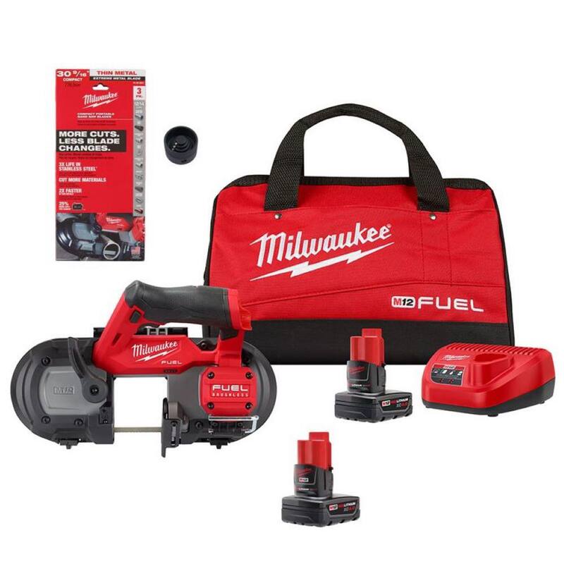 Milwaukee M12 FUEL 12-Volt Lithium-Ion Cordless Compact Band Saw XC Kit con (2) Baterías, Cargador, Reamer, 3 Hojas y Bolsa - 2529-21XC-48-11-2440-48-39-0631-49-90-20
