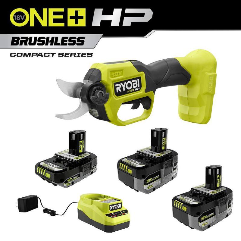 Kit de alto rendimiento RYOBI ONE+ 18V con (2) Baterías de 4.0 Ah, 1 Batería de 2.0 Ah, Cargador y Tijeras de podar sin escobillas ONE+ HP - P2505BTL-PSK108SB