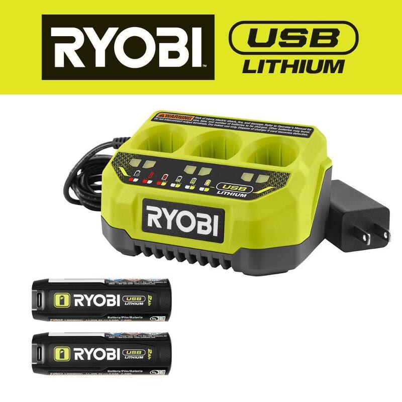 RYOBI Kit de Inicio de Batería de Litio USB con (2) Baterías de 2.0 Ah y Cargador de 3 Puertos - FVSK102