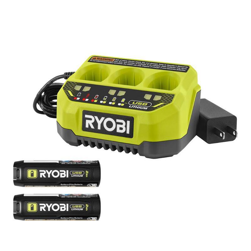 RYOBI Kit de Inicio de Batería de Litio USB con (2) Baterías de 2.0 Ah y Cargador de 3 Puertos - FVSK102
