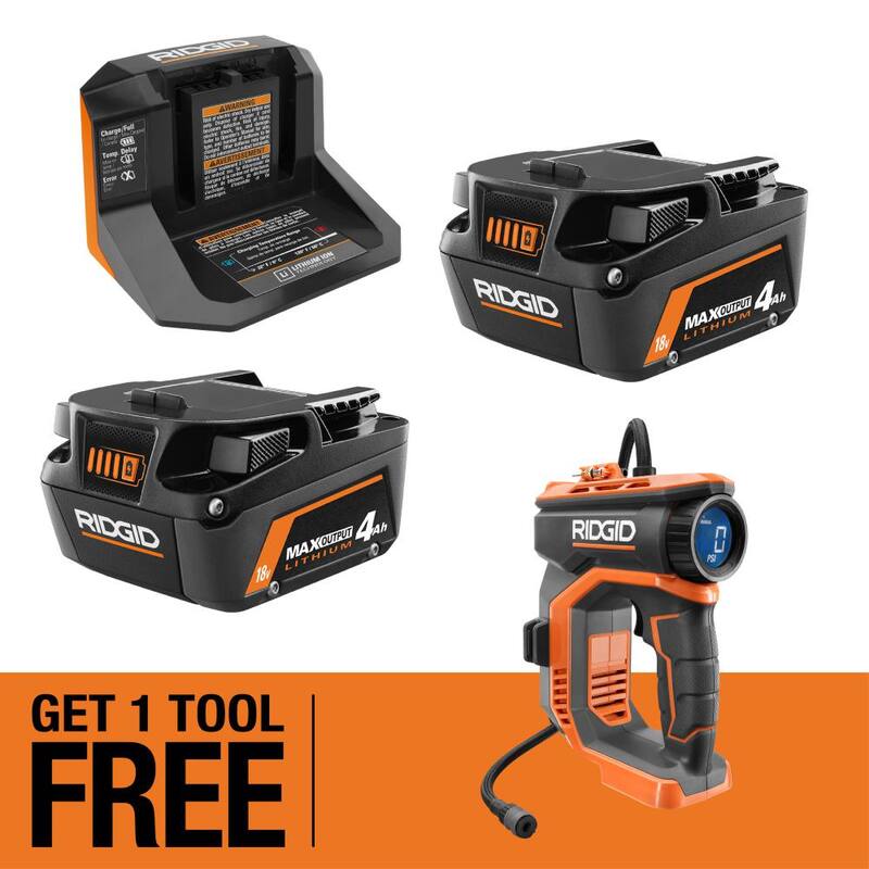 Kit de inicio RIDGID de salida máxima de 18V con (2) Baterías de salida máxima de 4.0 Ah y cargador con inflador digital de 18V GRATIS - AC8609340SB-R87044