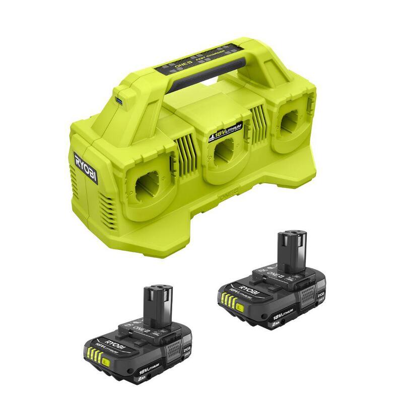 Batería compacta de iones de litio de 18V ONE+ RYOBI ONE+ 2.0 Ah (paquete de 2) con cargador de 6 puertos - PBP2006-PCG006