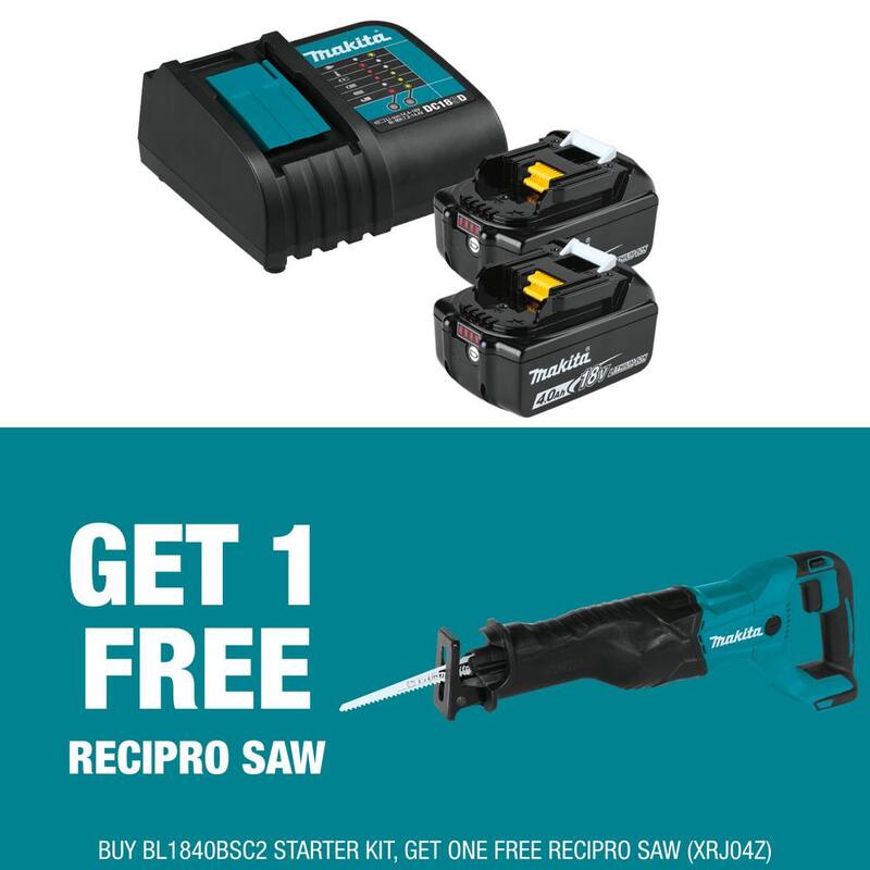 Paquete inicial de batería y cargador de iones de litio Makita 18V LXT (4.0Ah) con sierra reciproca inalámbrica de iones de litio Makita 18V LXT de regalo - BL1840BSC2XRJ04