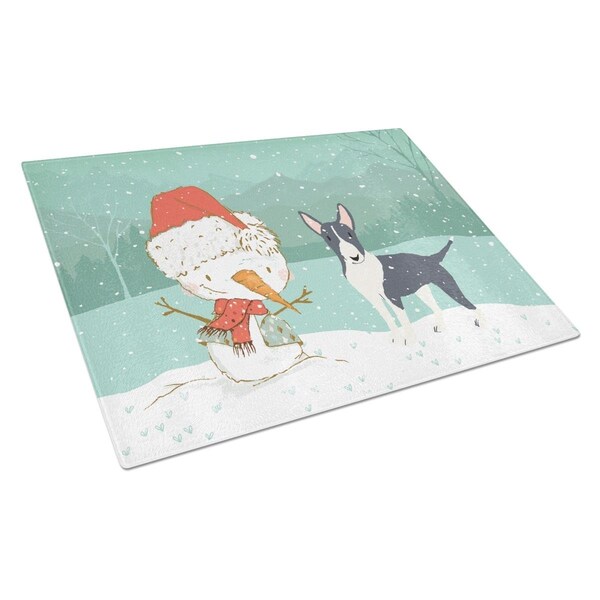Carolines Treasures Black Bull Terrier Snowman Christmas Glass Cutting Board Large - CK2055LCB
