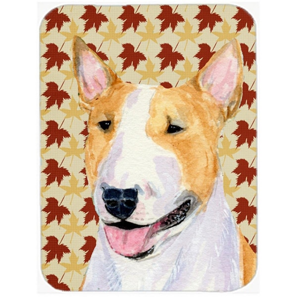 Carolines Treasures 12 x 15 in. Bull Terrier Fall Leaves Portrait Glass Cutting Board- Large - SS4360LCB
