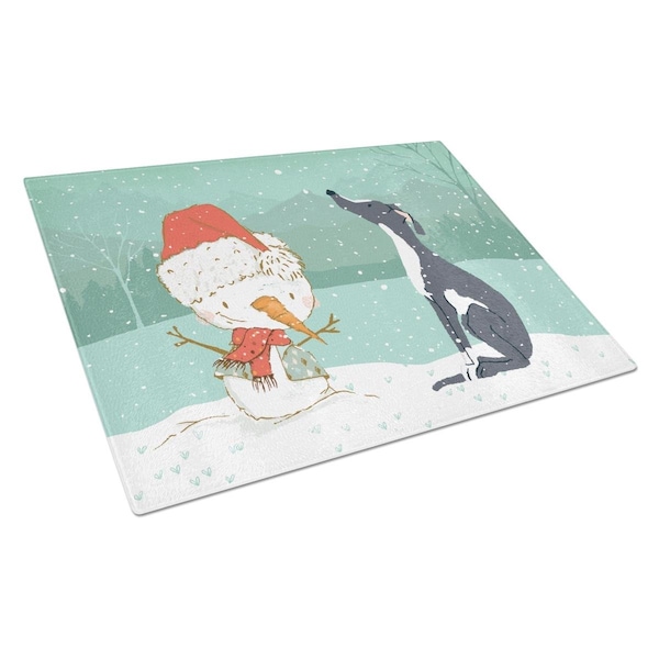 Carolines Treasures Black Greyhound Snowman Christmas Glass Cutting Board Large - CK2044LCB