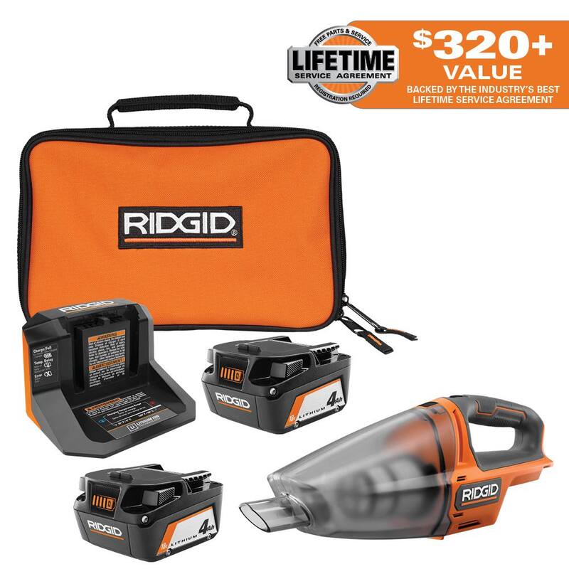 Kit de baterías y cargador RIDGID 18V (2) 4.0 Ah con aspiradora de mano inalámbrica de 18V - AC93044SBN-R8609021B
