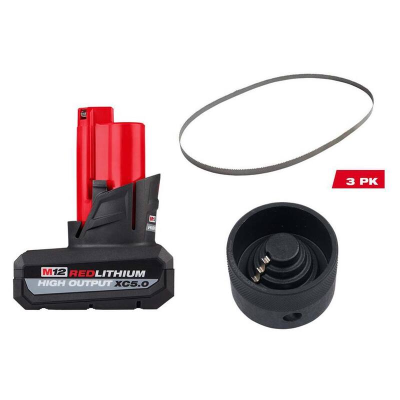 Milwaukee M12 12V Lithium-Ion XC Paquete de batería de capacidad extendida de 5.0Ah con hoja de sierra de banda y accesorio de escariador de sierra de banda (paquete de 3) - 48-11-2450-48-39-0631-49-90-2029.