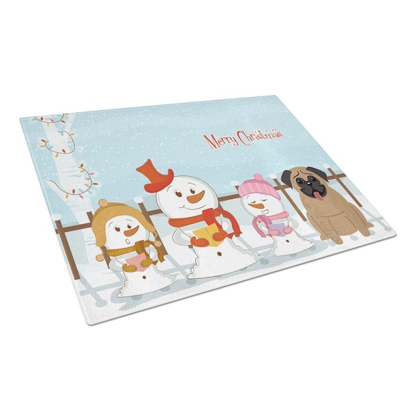 Carolines Treasures Merry Christmas Carolers Pug Brown Glass Cutting Board, Large - BB2336LCB