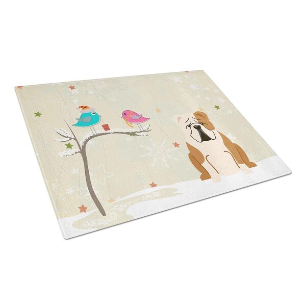 Carolines Treasures Christmas Presents Between Friends English Bulldog Fawn White Glass Cutting Board, Large - BB2597LCB