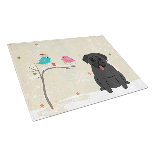 Carolines Treasures Christmas Presents Between Friends Pug Black Glass Cutting Board, Large - BB2478LCB