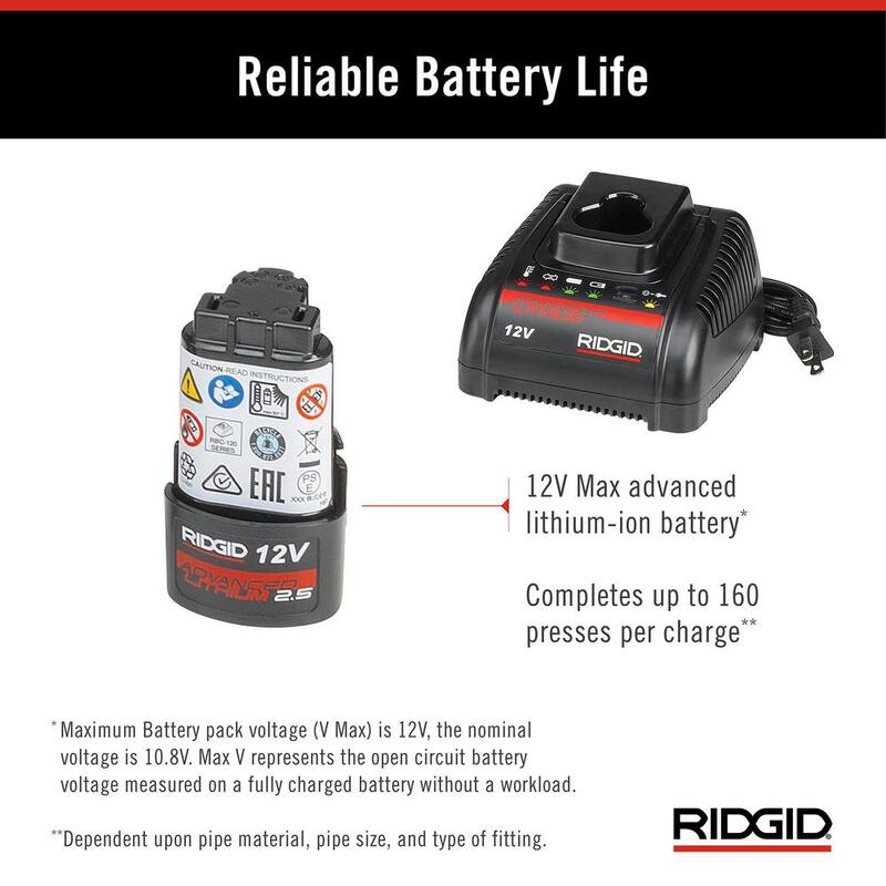 Batería recargable de iones de litio avanzada de 12 voltios y 2.5 amperios de RIDGID para herramientas de prensado RP 115, RP 241, RP 240 y PEX-One - 55183