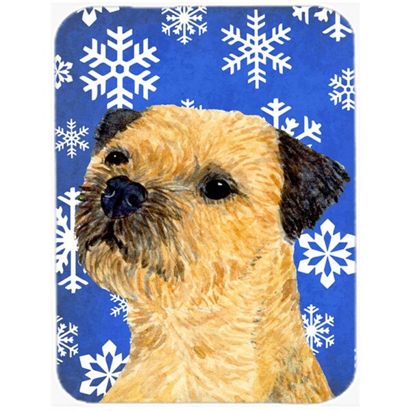 Carolines Treasures 15 x 12 in. Border Terrier Winter Snowflakes Holiday Glass Cutting Board - Large - LH9278LCB