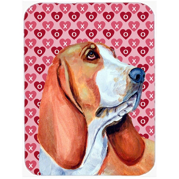 Carolines Treasures 15 x 12 in. Basset Hound Hearts Love and Valentines Day Portrait Glass Cutting Board - Large - LH9152LCB