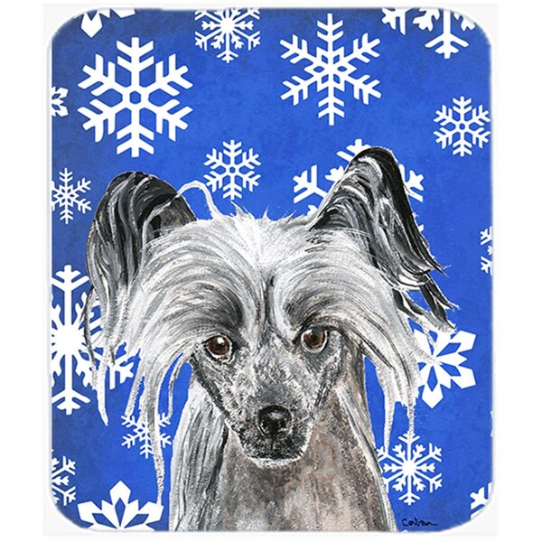 Carolines Treasures 15 x 12 in. Chinese Crested Blue Snowflake Winter Glass Cutting Board- Large - SC9606LCB