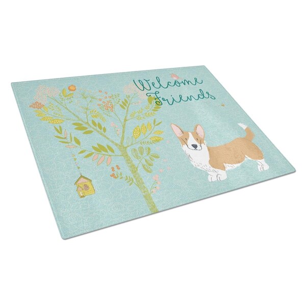 Carolines Treasures Welcome Friends Cardigan Welsh Corgi Tricolor Glass Cutting Board, Large - BB7611LCB