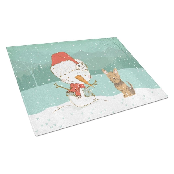 Carolines Treasures Yorkie Cropped Ears Snowman Christmas Glass Cutting Board Large - CK2098LCB